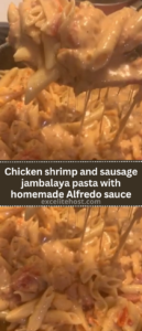 Chicken shrimp and sausage jambalaya pasta with homemade Alfredo sauce Chicken shrimp and sausage jambalaya pasta with homemade Alfredo sauce