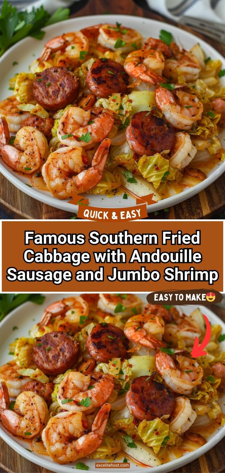 Famous Southern Fried Cabbage with Andouille Sausage and Jumbo Shrimp