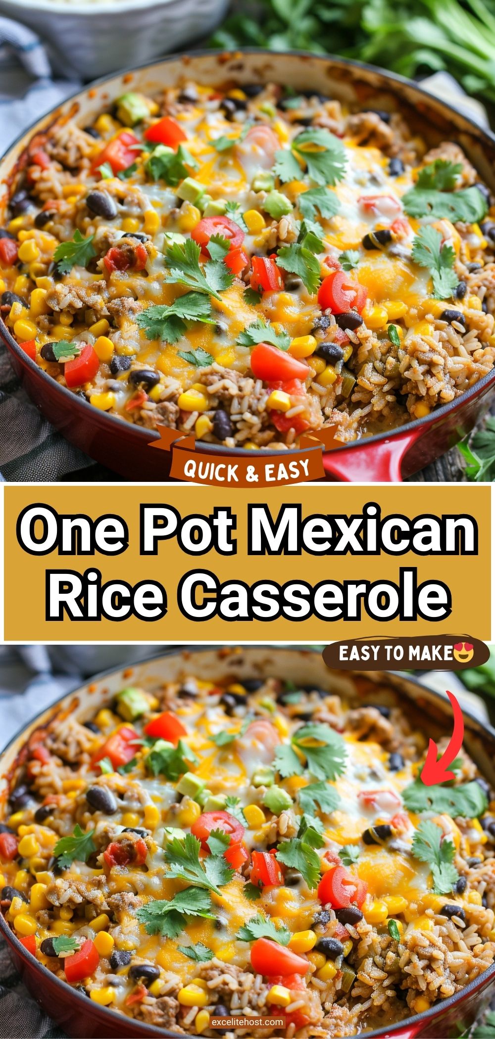 One-pot Mexican rice casserole topped with melted cheese