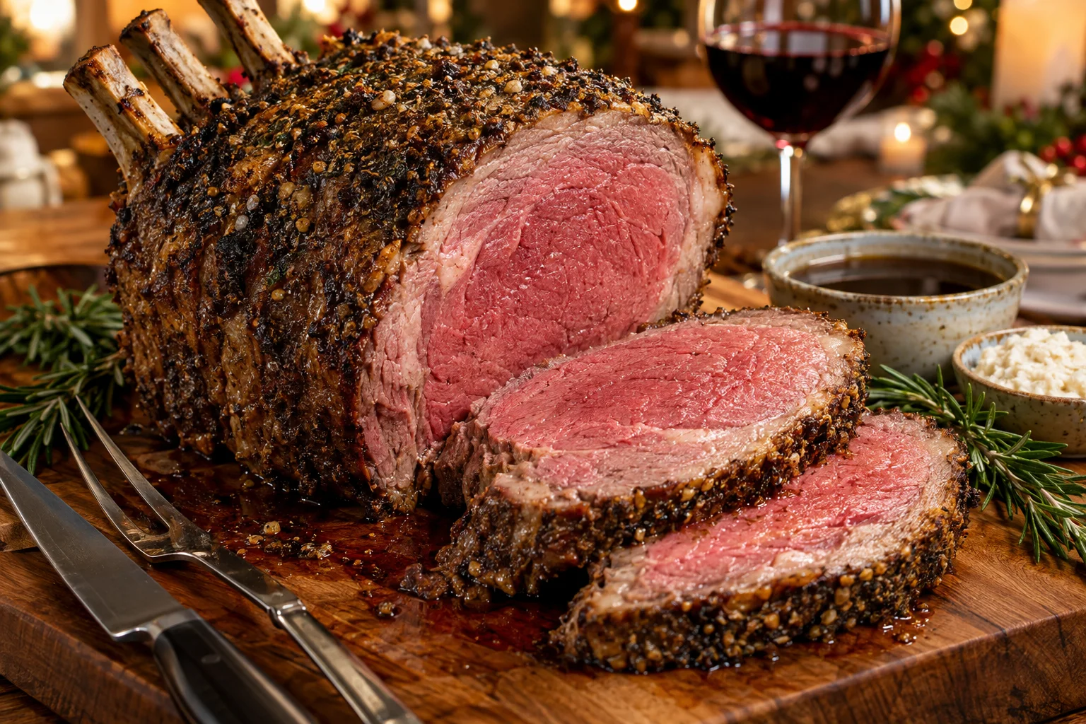 Best ever prime rib roast with a garlic-pepper crust, sliced to show a rosy medium-rare center