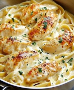Buttery Garlic Chicken over Fettuccine