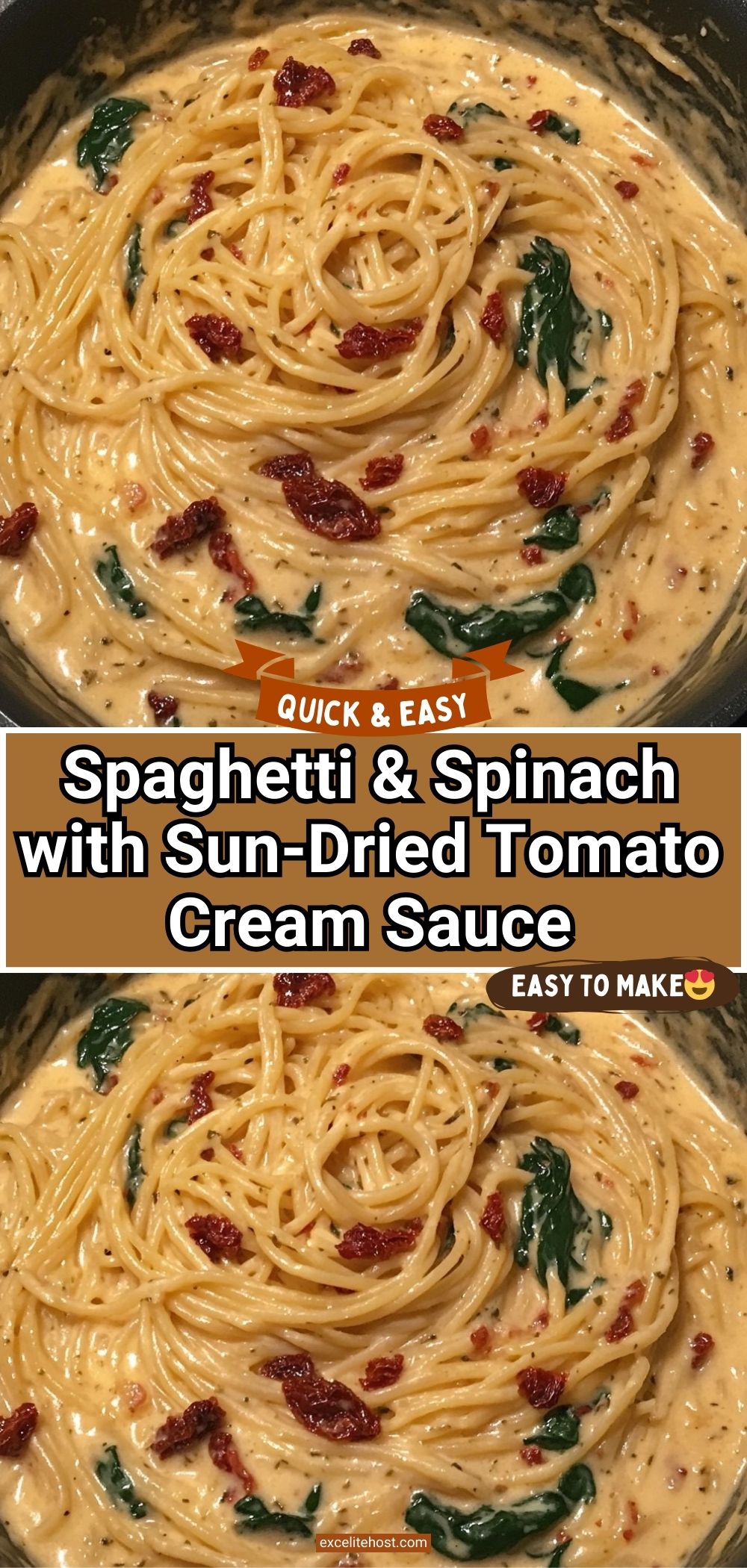 Spaghetti in sun-dried tomato cream sauce with spinach
