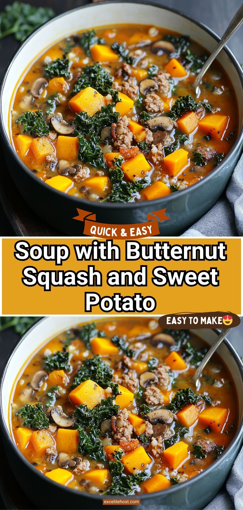 Butternut squash and sweet potato soup with kale in a pot