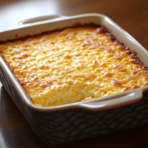 Jiffy corn casserole golden brown in a 9x13 casserole dish
