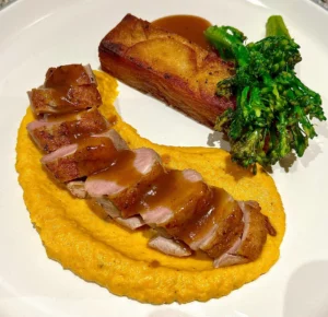 Duck with Honey Mustard Sauce: A Gourmet Recipe Guide duck-honey-mustard-sauce-potato-terrine-carrot-puree-and-v0-xlgotn60cxyd1