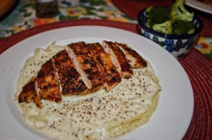 Chicken alfredo with angel hair pasta and broccoli delights!