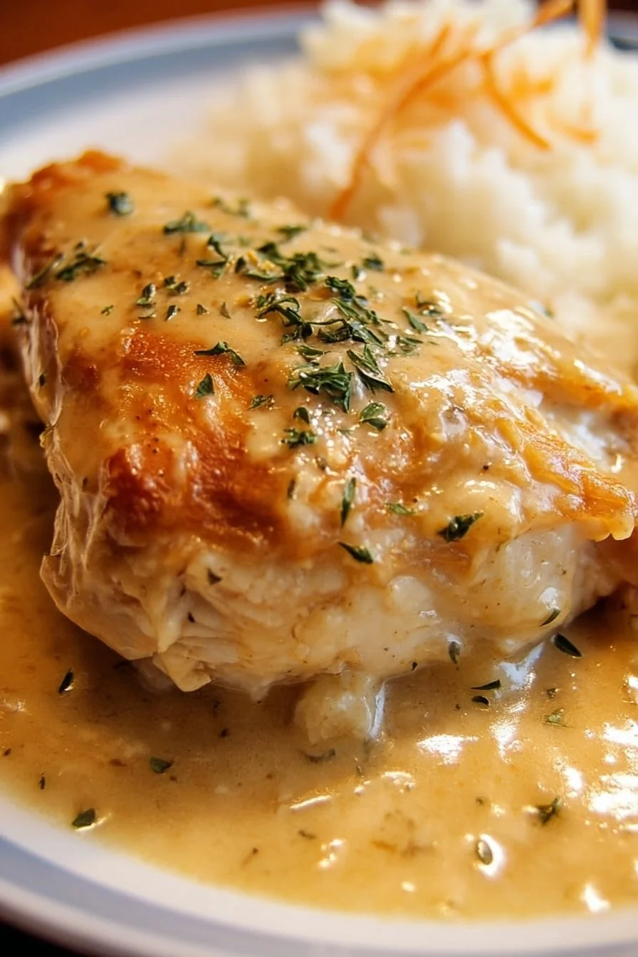 Crockpot chicken and gravy served with white rice