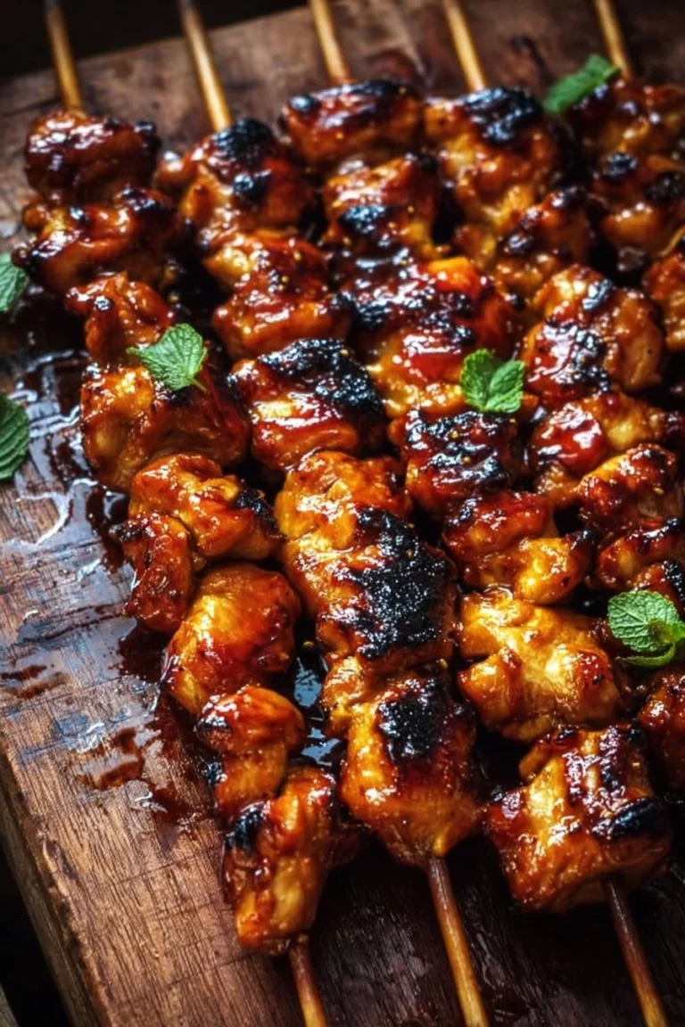 Flavorful Honey BBQ Beer Chicken Skewers grilled on wooden skewers