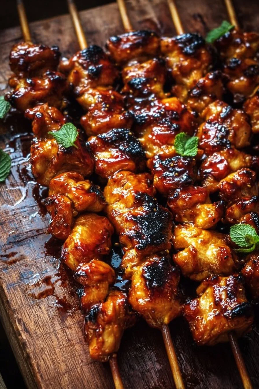 Flavorful Honey BBQ Beer Chicken Skewers grilled on wooden skewers