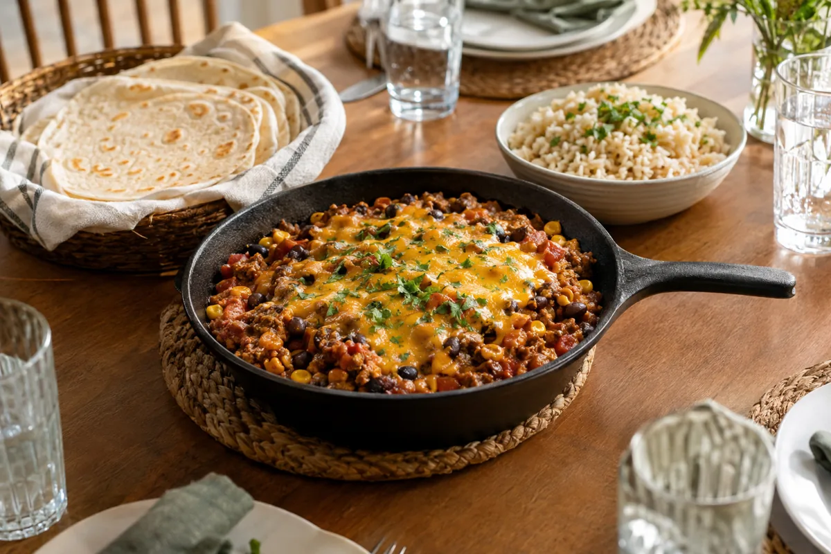 10 Ingredient or Less Family Dinner Recipes: ground turkey skillet with salsa, black beans, corn and melted cheddar, served with tortillas and rice, served on the family dinner table