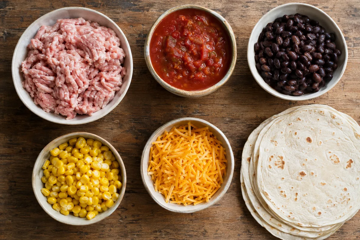 Ingredients laid out: ground turkey, salsa, black beans, corn, shredded cheese and tortillas