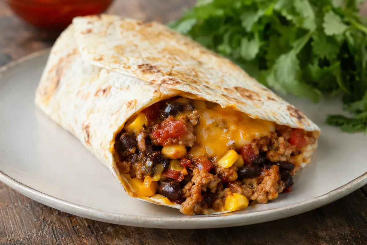 turkey, bean and cheese filled tortilla