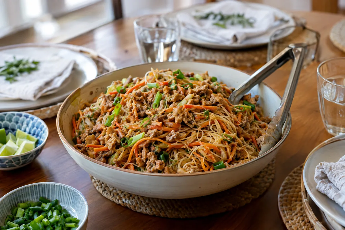 15 Minute Asian Inspired Noodle Dinners: rice noodles stir-fried with ground chicken, soy-hoisin sauce, carrots and green onions, served on the family dinner table