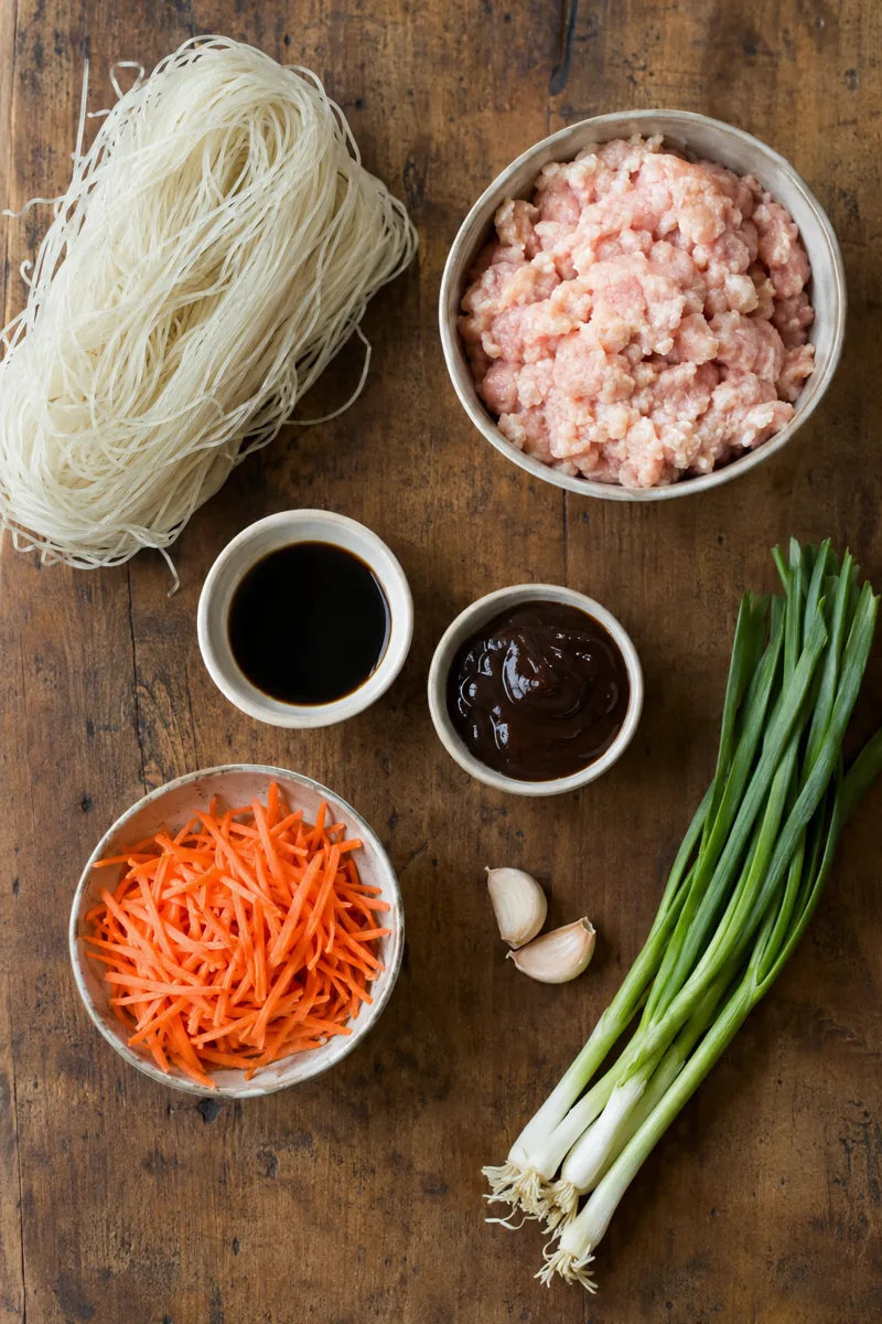 Ingredients laid out: rice noodles, ground chicken, soy sauce, hoisin, garlic, shredded carrots and green onions