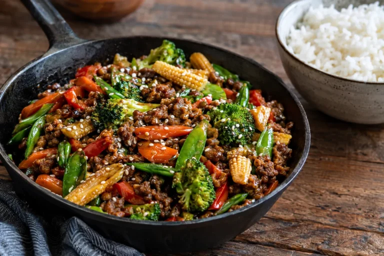 20 Minute Ground Beef Stir Fry Recipes for Weeknights: ground beef stir fry with mixed vegetables, honey soy ginger sauce and sesame seeds over rice