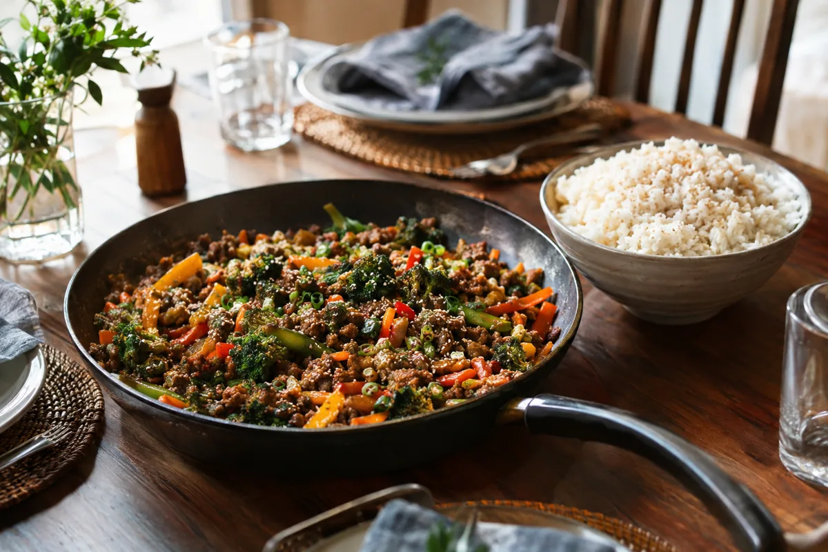20 Minute Ground Beef Stir Fry Recipes for Weeknights: ground beef stir fry with mixed vegetables, honey soy ginger sauce and sesame seeds over rice, served on the family dinner table