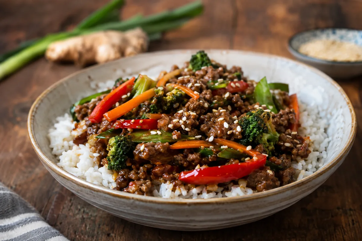 plate of beef stir fry over rice