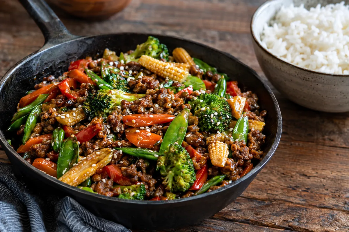 20 Minute Ground Beef Stir Fry Recipes for Weeknights: ground beef stir fry with mixed vegetables, honey soy ginger sauce and sesame seeds over rice