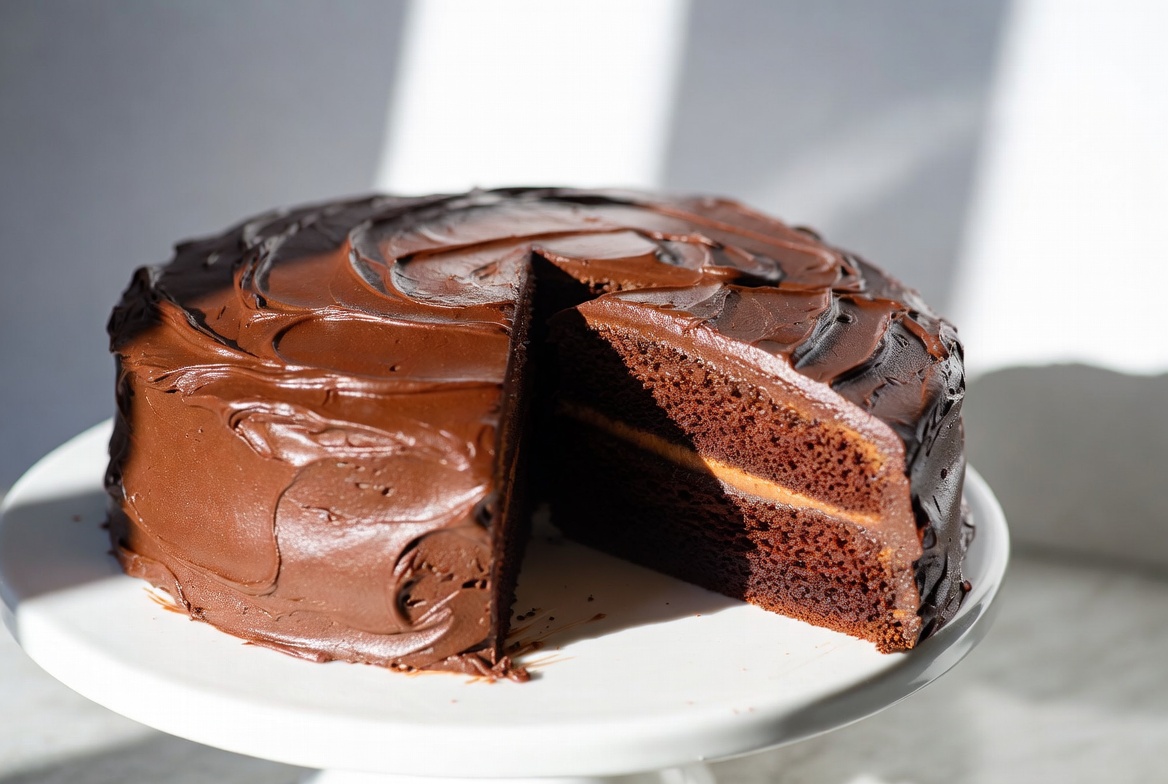 Best moist chocolate cake recipe – one bowl method showing super moist crumb with chocolate frosting”