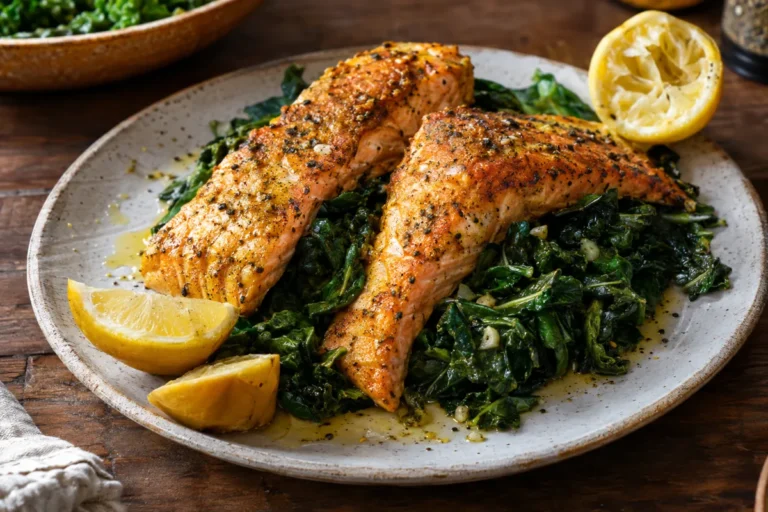 Anti-Inflammatory Dinner Recipes with Salmon and Greens: turmeric pepper salmon fillets on garlicky wilted kale and spinach with lemon