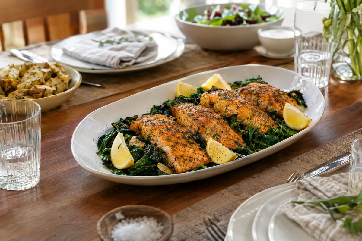 Anti-Inflammatory Dinner Recipes with Salmon and Greens: turmeric pepper salmon fillets on garlicky wilted kale and spinach with lemon, served on the family dinner table