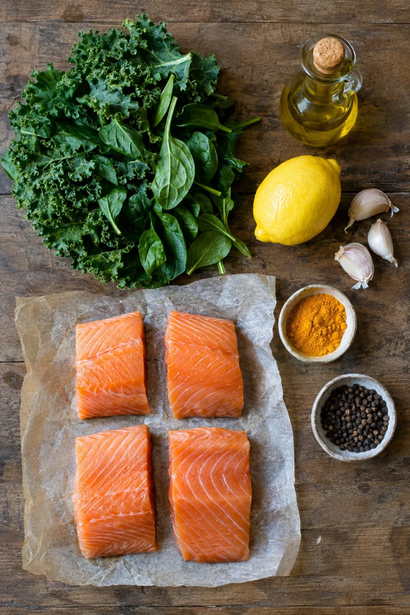 Ingredients laid out: salmon fillets, kale, spinach, lemon, garlic, olive oil, turmeric and black pepper