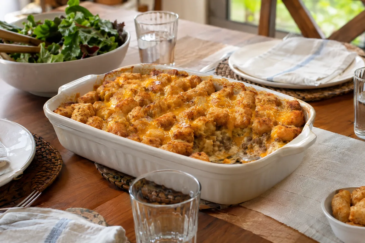 Comforting Ground Beef Casserole Recipes for Cold Nights: tater tot ground beef casserole with melted cheddar fresh from the oven, served on the family dinner table
