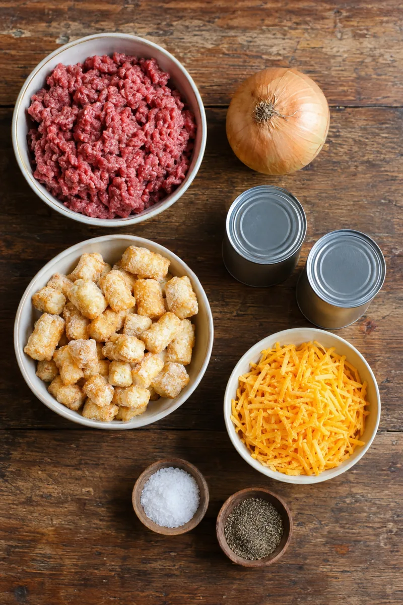 Ingredients laid out: ground beef, onion, cream of mushroom soup, tater tots, cheddar, salt and pepper