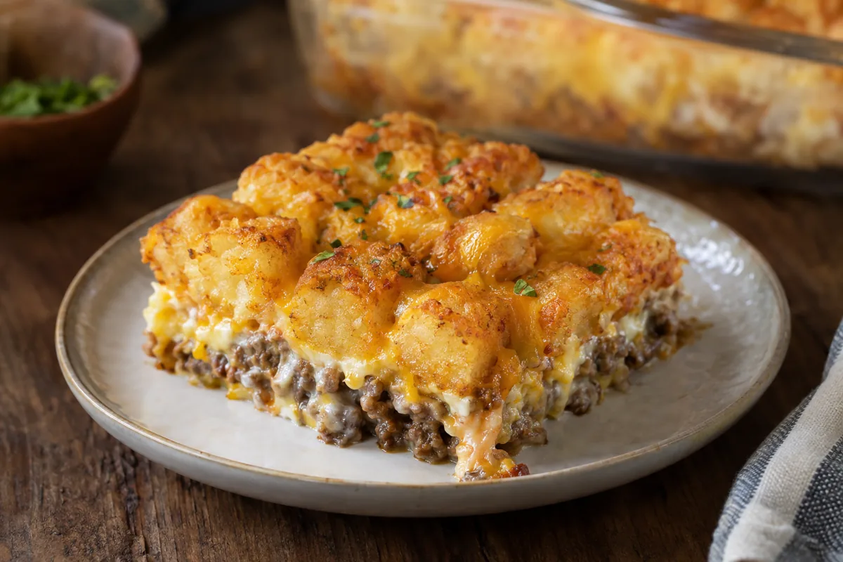 slice of tater tot casserole
