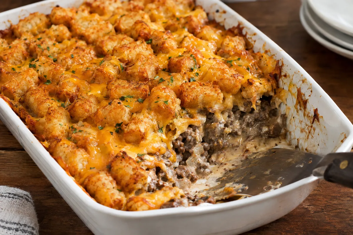 Comforting Ground Beef Casserole Recipes for Cold Nights: tater tot ground beef casserole with melted cheddar fresh from the oven