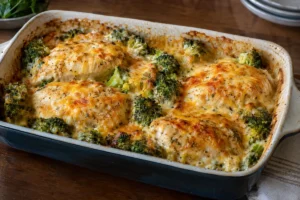 Easy Dump and Bake Chicken Dinners for Lazy Evenings: baked chicken breasts and broccoli in creamy sauce under melted cheese