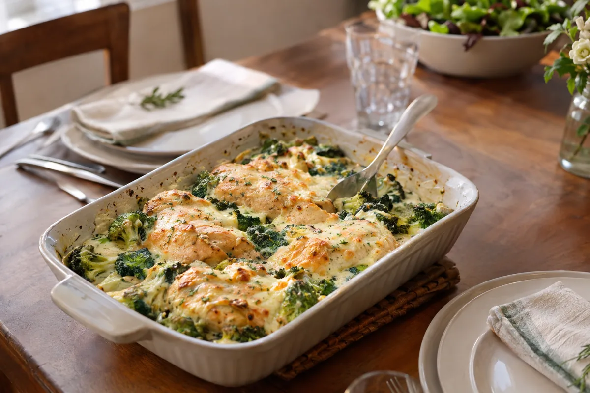 Easy Dump and Bake Chicken Dinners for Lazy Evenings: baked chicken breasts and broccoli in creamy sauce under melted cheese, served on the family dinner table