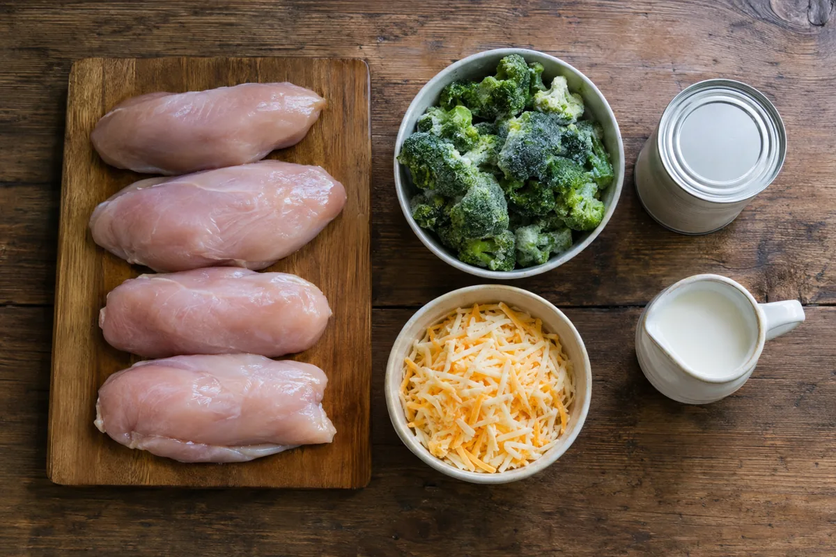 Ingredients laid out: chicken breasts, frozen broccoli, cream of chicken soup, shredded cheese and milk