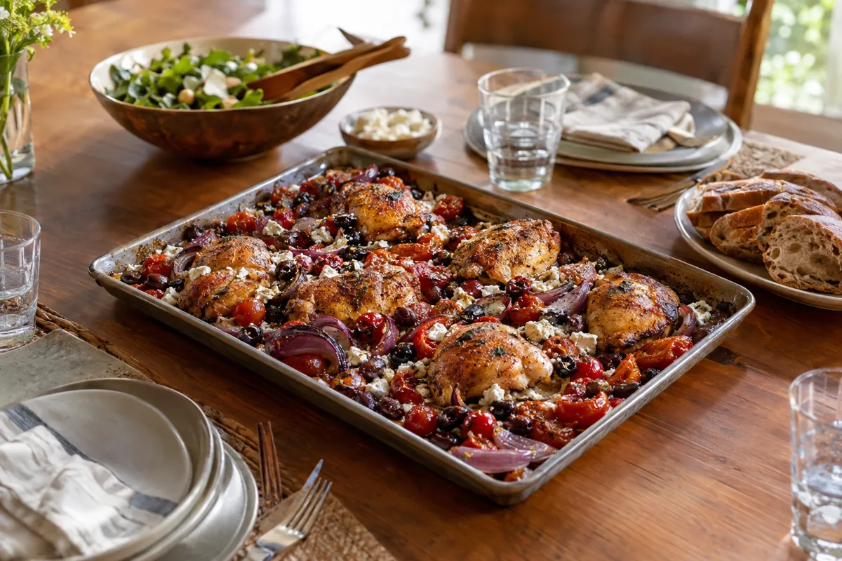 Easy Mediterranean Dinner Recipes Under 500 Calories: sheet pan chicken thighs with cherry tomatoes, red onion, kalamata olives and feta, served on the family dinner table