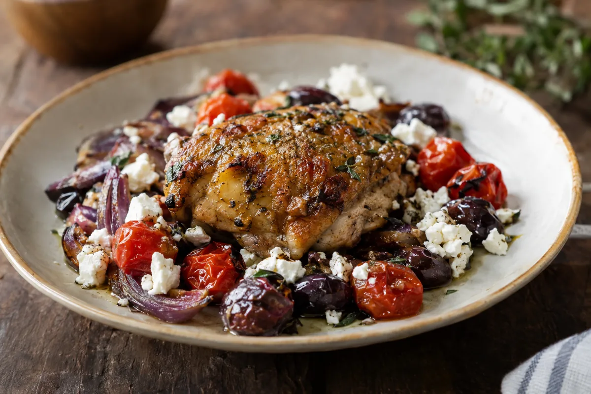 roasted chicken thigh with tomatoes, olives and feta