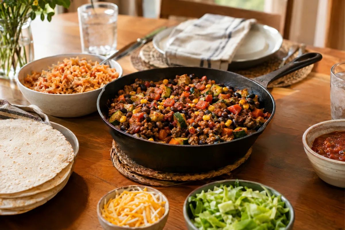 Ground Beef Taco Skillet Recipe with Hidden Veggies: ground beef taco skillet with zucchini, carrot, black beans, corn and salsa, served on the family dinner table