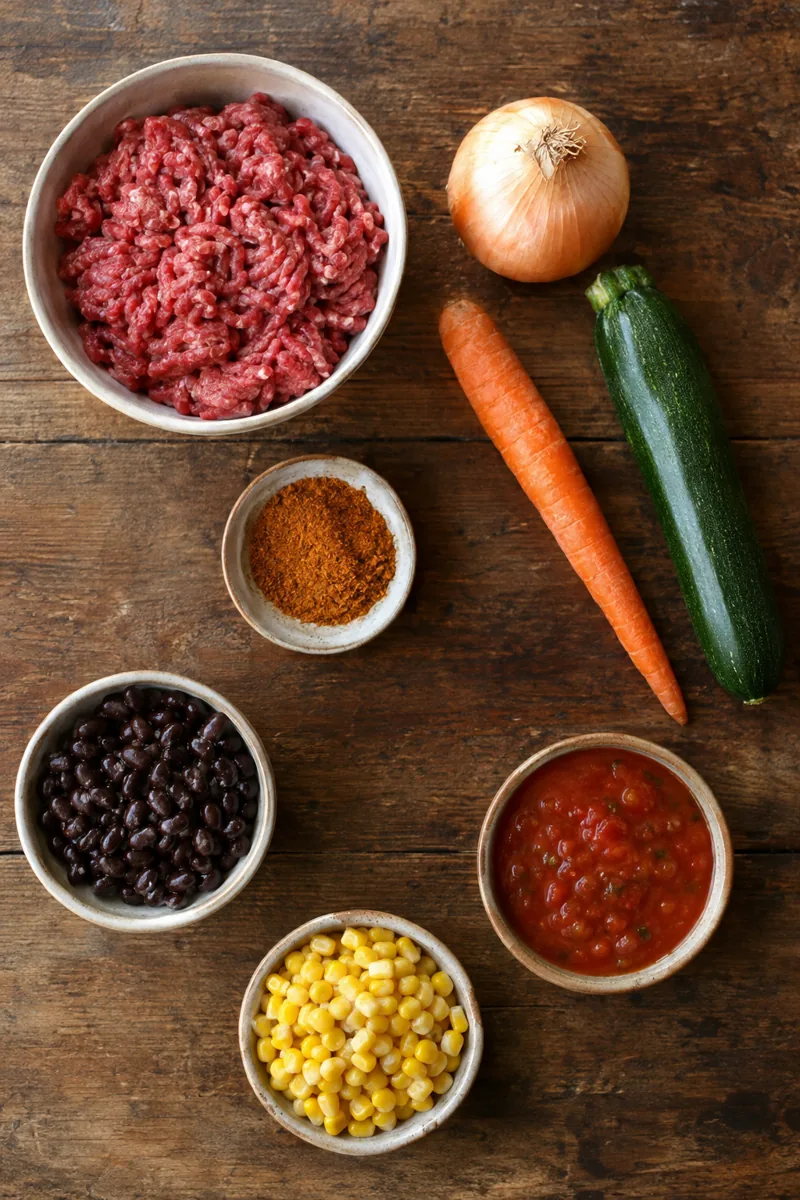 Ingredients laid out: ground beef, onion, zucchini, carrot, taco seasoning, black beans, corn and salsa