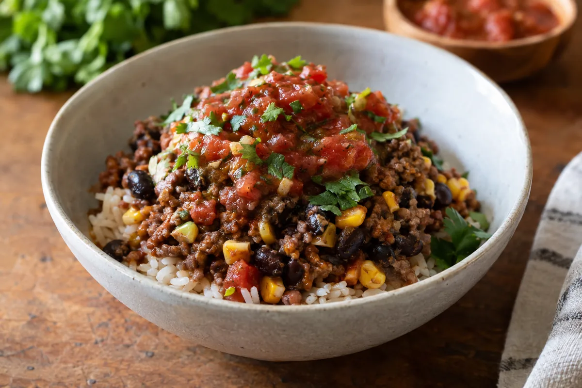 bowl of taco skillet over rice