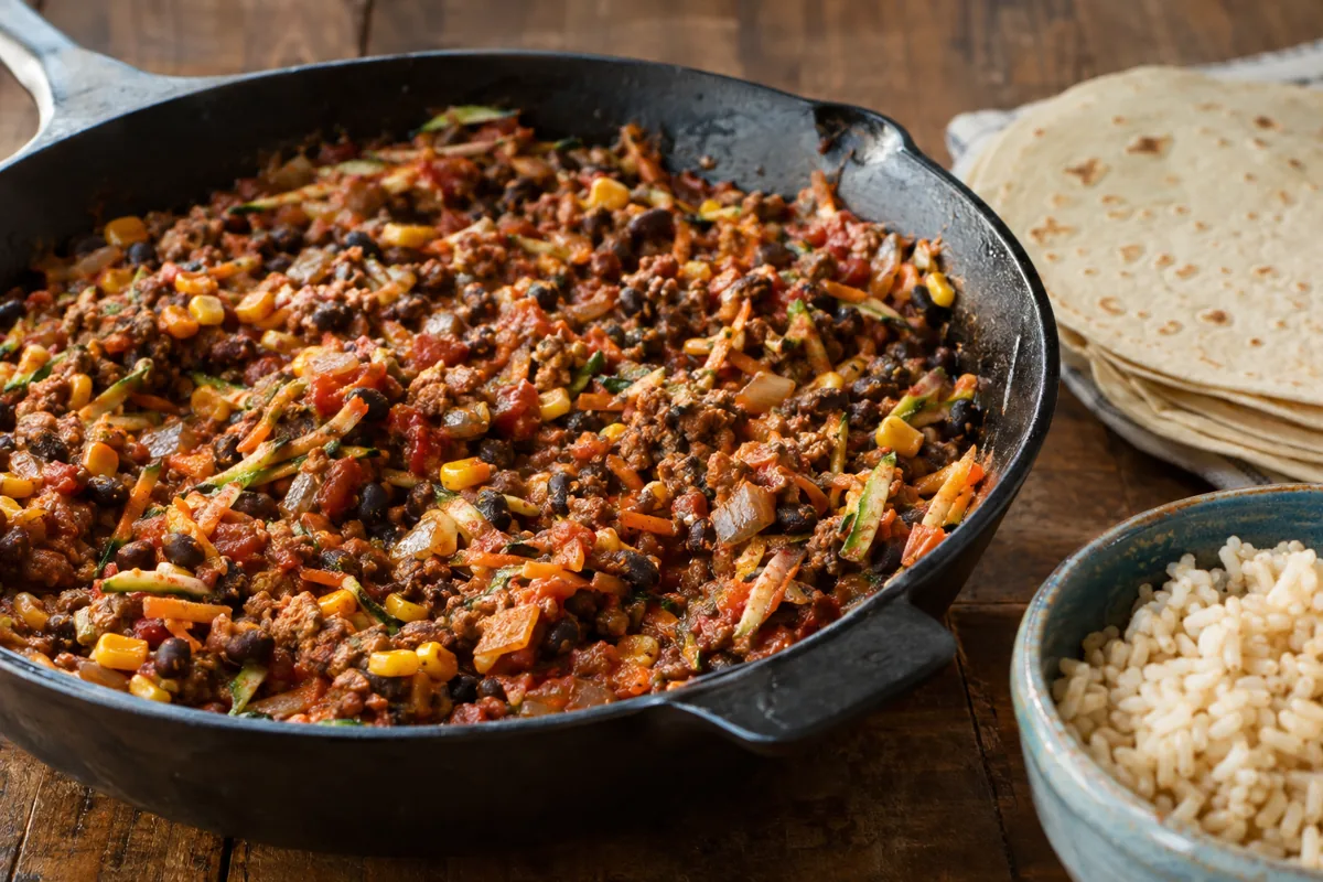 Ground Beef Taco Skillet Recipe with Hidden Veggies: ground beef taco skillet with zucchini, carrot, black beans, corn and salsa