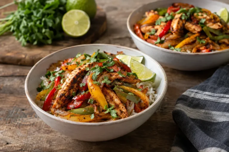 Healthy Chicken Fajita Bowls Ready in 25 Minutes: chicken fajita bowls with seared chicken, bell peppers, onions, rice, cilantro and lime