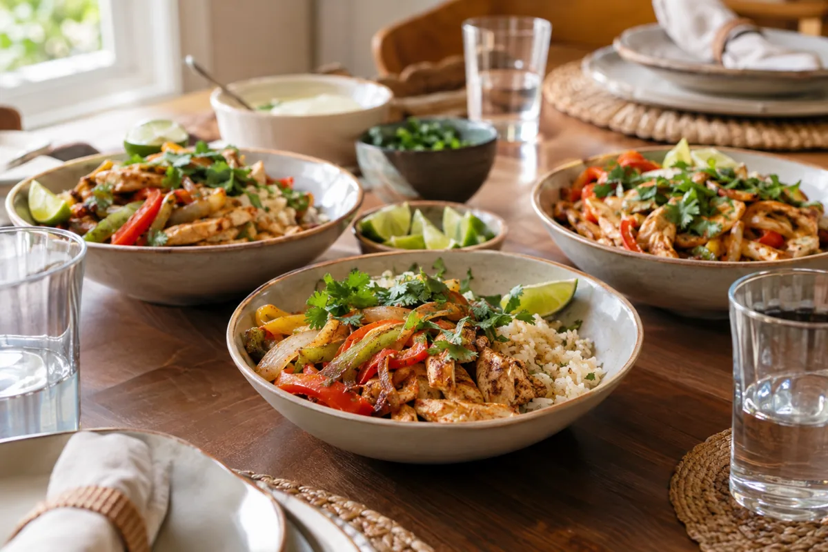 Healthy Chicken Fajita Bowls Ready in 25 Minutes: chicken fajita bowls with seared chicken, bell peppers, onions, rice, cilantro and lime, served on the family dinner table