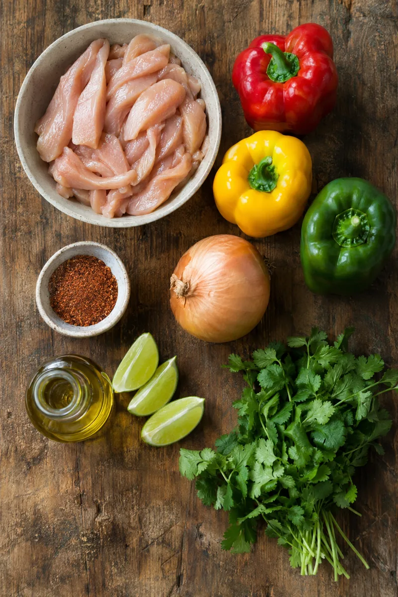 Ingredients laid out: chicken breast, bell peppers, onion, fajita seasoning, olive oil, lime and cilantro