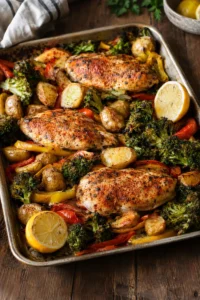 Healthy Sheet Pan Dinners Ready in Under 45 Minutes: sheet pan chicken breasts with baby potatoes, broccoli, bell peppers and lemon