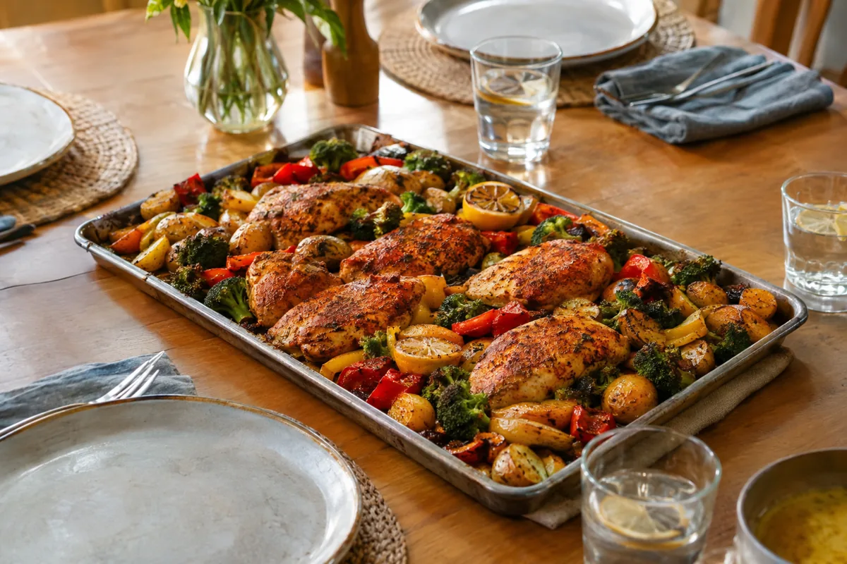 Healthy Sheet Pan Dinners Ready in Under 45 Minutes: sheet pan chicken breasts with baby potatoes, broccoli, bell peppers and lemon, served on the family dinner table