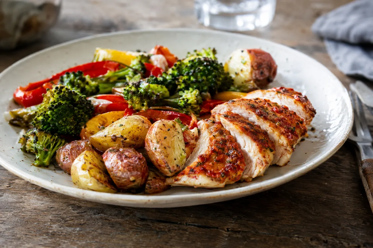 plate of paprika chicken with roasted vegetables