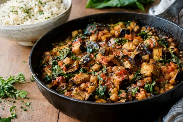 Healthy Vegetarian Dinner Recipes Even Meat Eaters Love: eggplant and chickpea skillet in marinara with wilted spinach, served with rice
