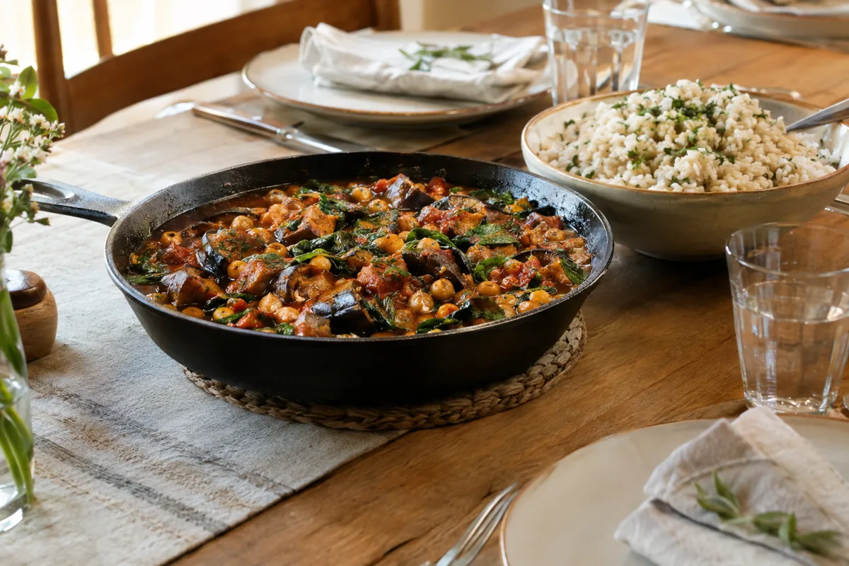 Healthy Vegetarian Dinner Recipes Even Meat Eaters Love: eggplant and chickpea skillet in marinara with wilted spinach, served with rice, served on the family dinner table