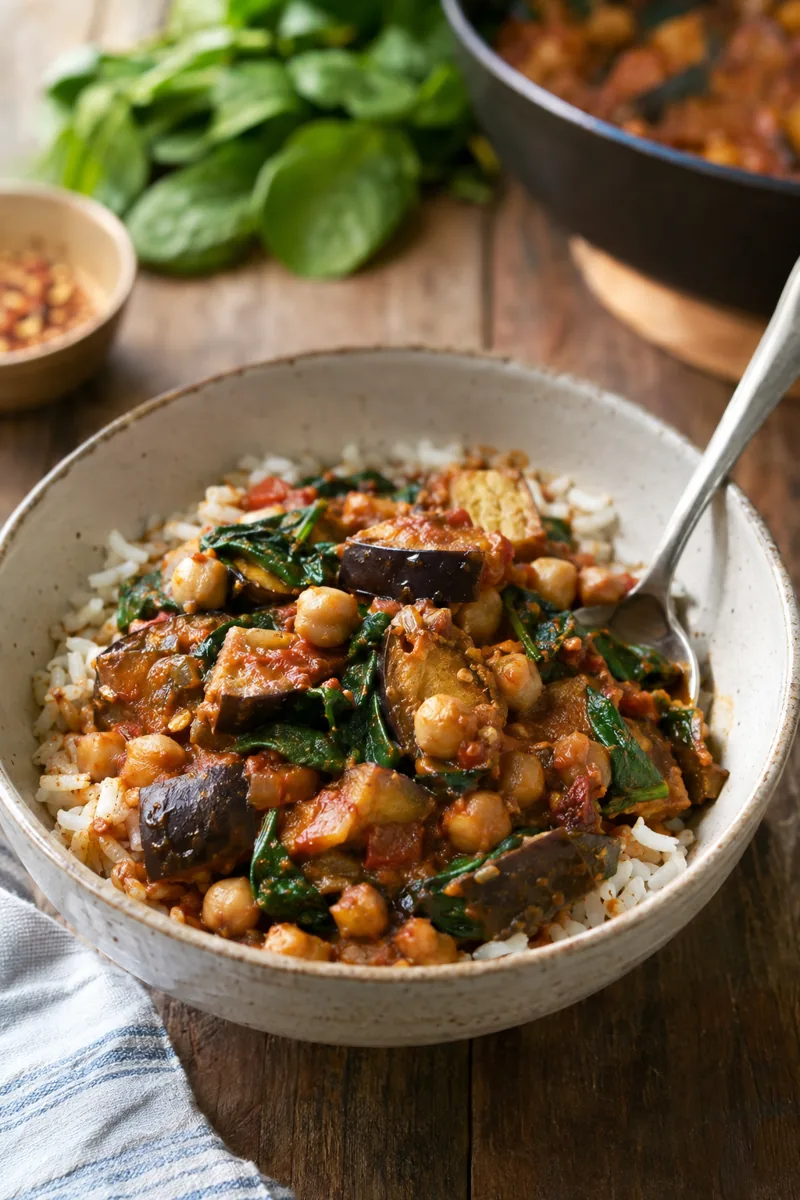 bowl of eggplant and chickpea marinara over rice