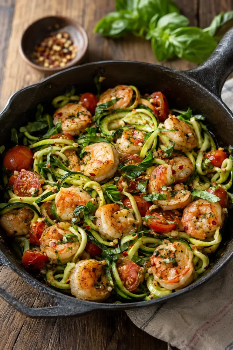 Low Carb Zucchini Noodle Dinners for Summer Nights: zucchini noodles with sautéed shrimp, garlic, cherry tomatoes and basil
