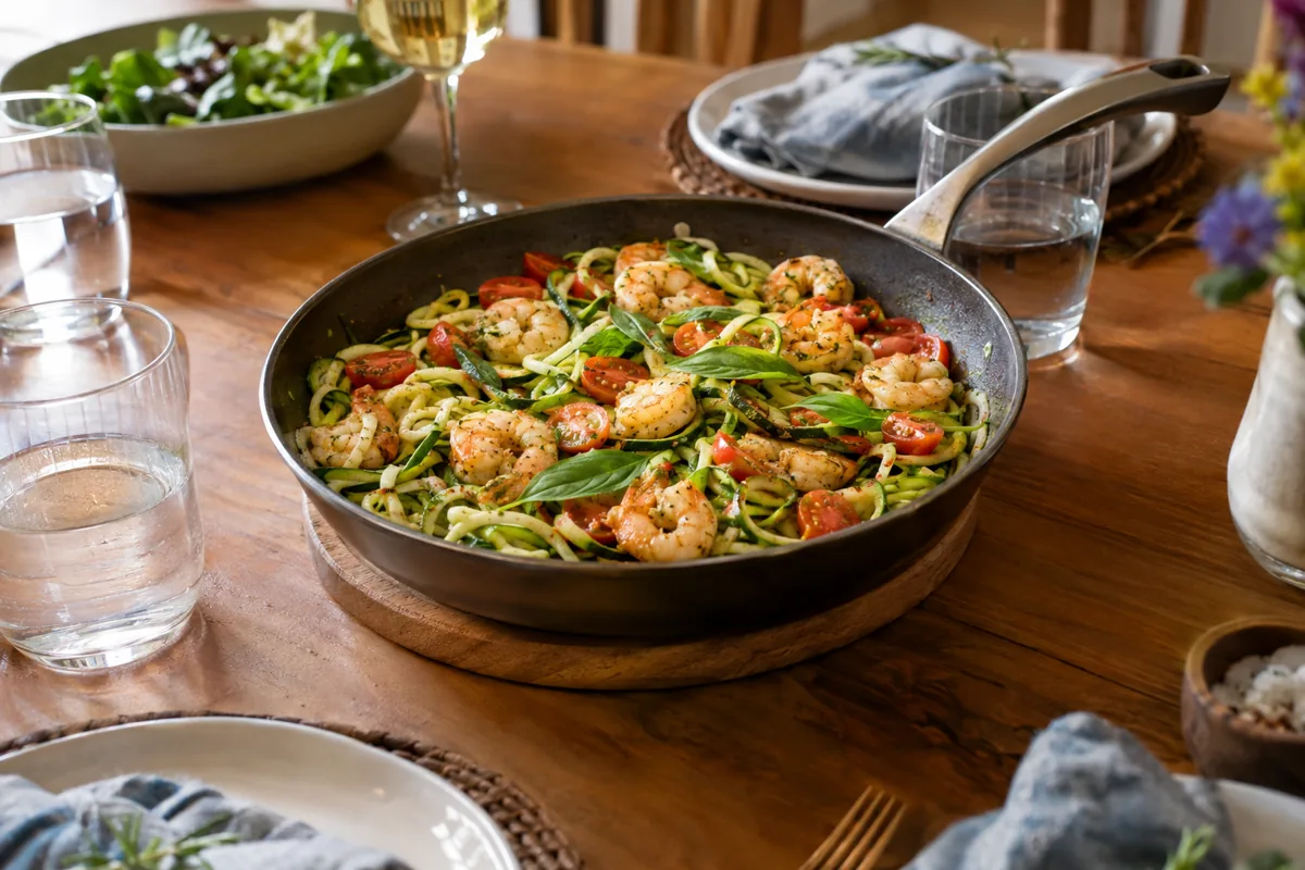 Low Carb Zucchini Noodle Dinners for Summer Nights: zucchini noodles with sautéed shrimp, garlic, cherry tomatoes and basil, served on the family dinner table